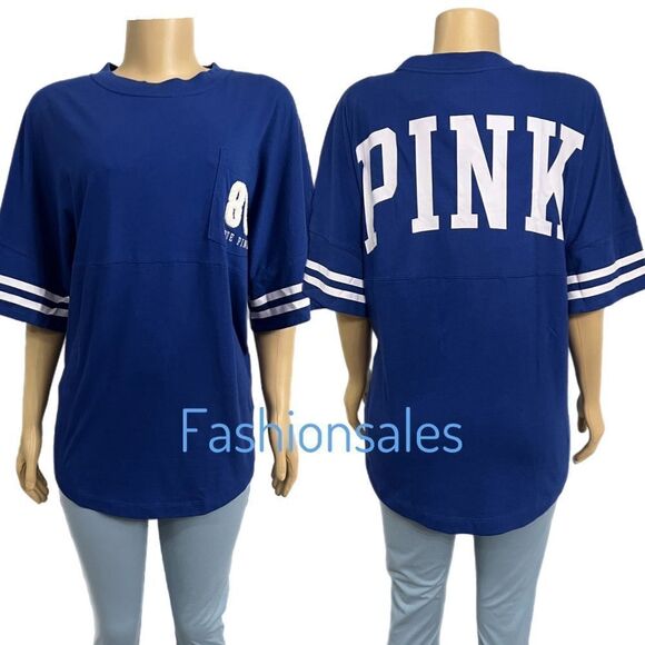 Victorias Secret Pink Varsity Short Sleeve Crew Tee Shirt Blue Medium - Picture 1 of 4